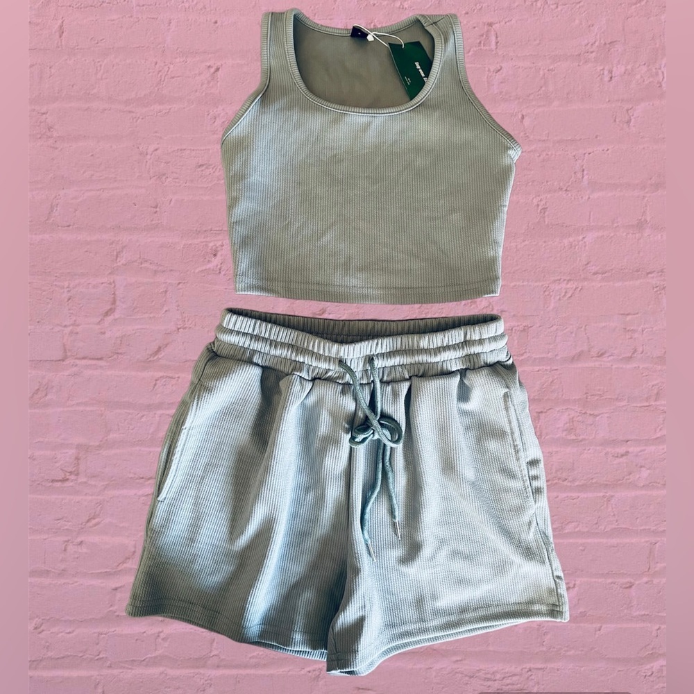 NWT SHEIN EZwear Scoop Neck Tank Top and Track Shorts Size XS Powder Baby Blue